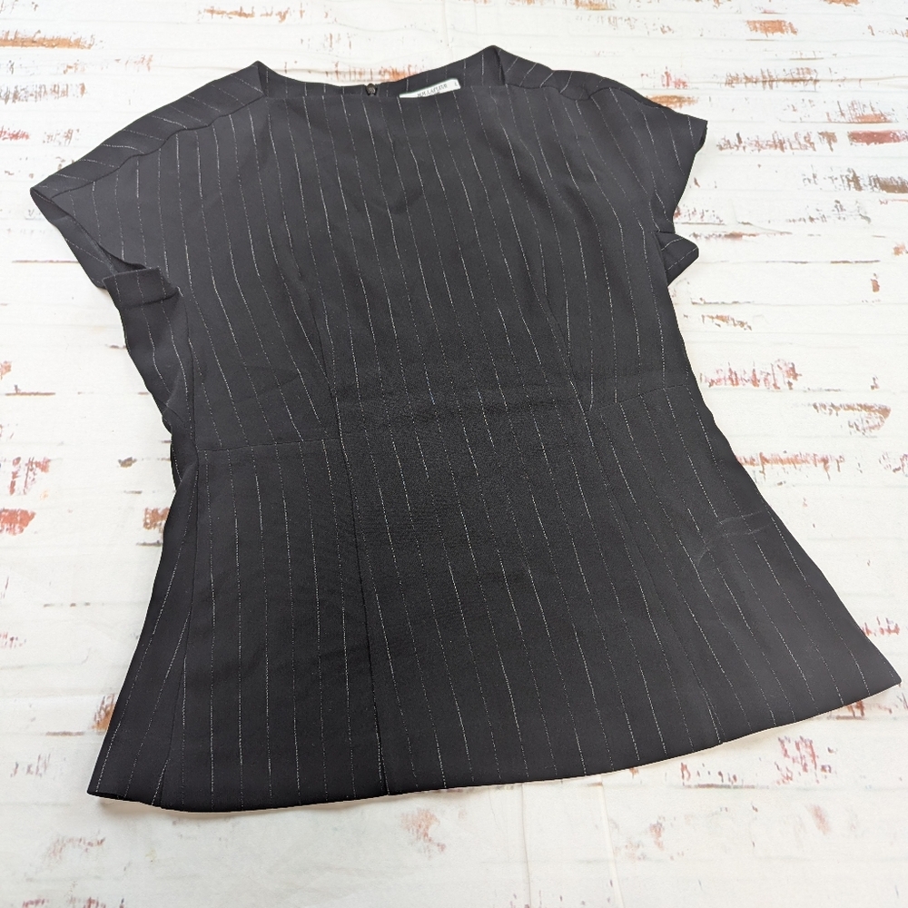 M.M. Lafleur Pin Stripped Fitted Cap Sleeve Top.